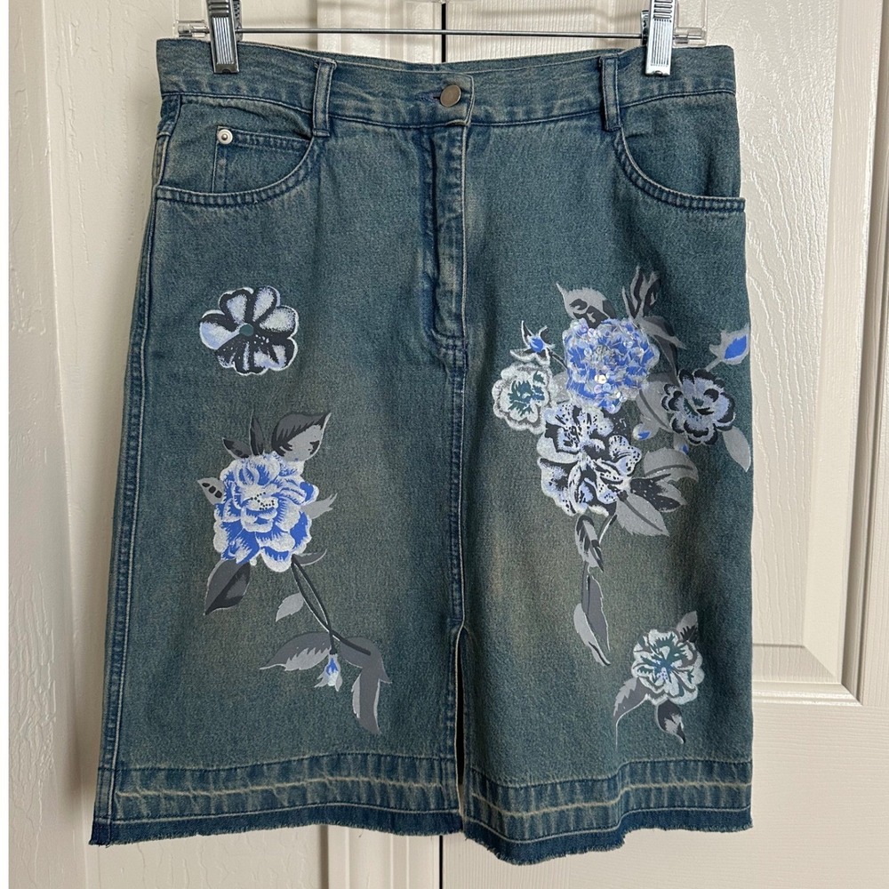 Vintage Y2K AMI Painted Floral Sequin Denim Mini Skirt Raw Hem‎ 6